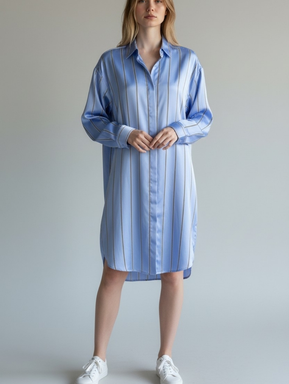 Express Pale Blue Satin Vertical Black White Striped Tunic Shirt Dress Y2K